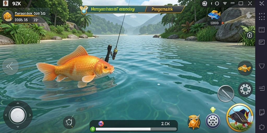 Screenshot gameplay 9ZK menampilkan aksi memancing yang mendebarkan dan pemandangan indah.