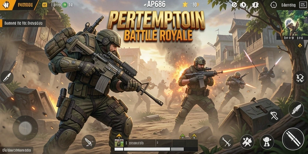 Tangkapan layar gameplay AP686 menunjukkan aksi mendebarkan di medan perang Battle Royale.