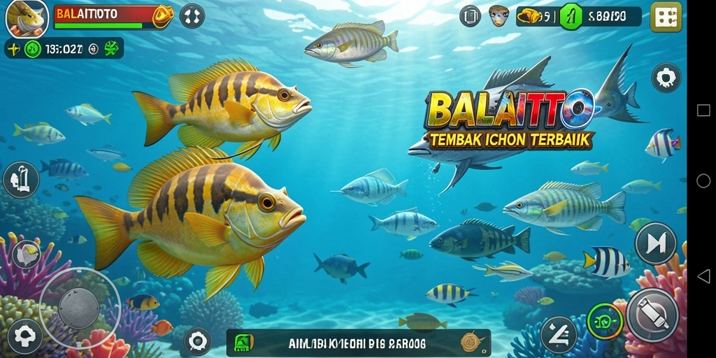 Tampilan gameplay BALAITOTO saat menembak ikan di lautan.