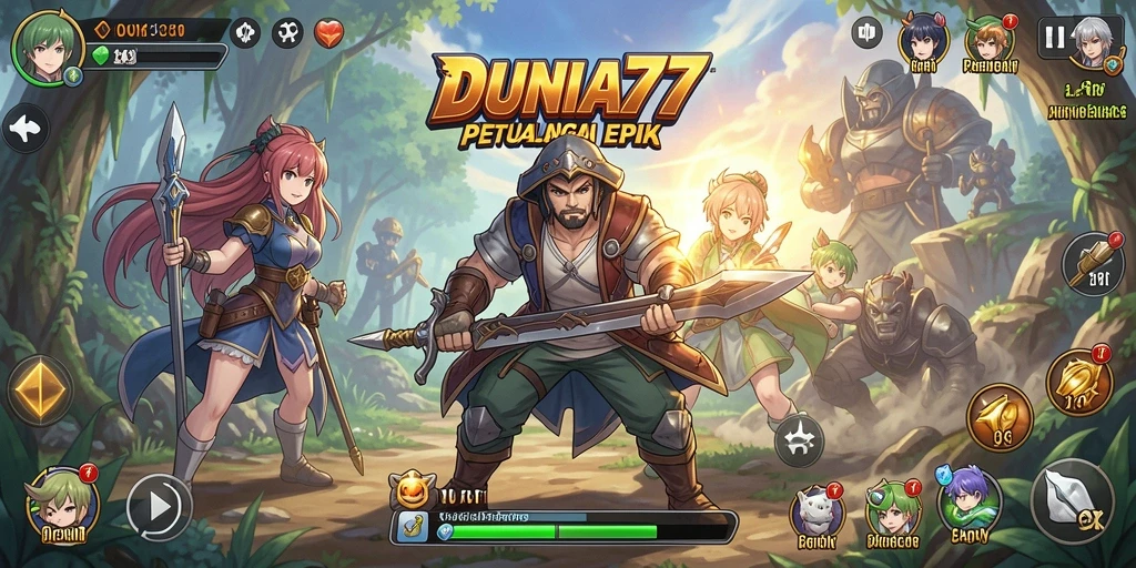 Screenshot gameplay DUNIA77 dengan karakter anime yang beraksi.