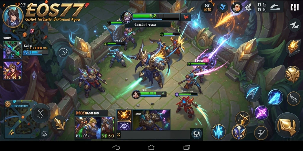 Screenshot gameplay EOS77 menunjukkan pertarungan intens di arena MOBA.