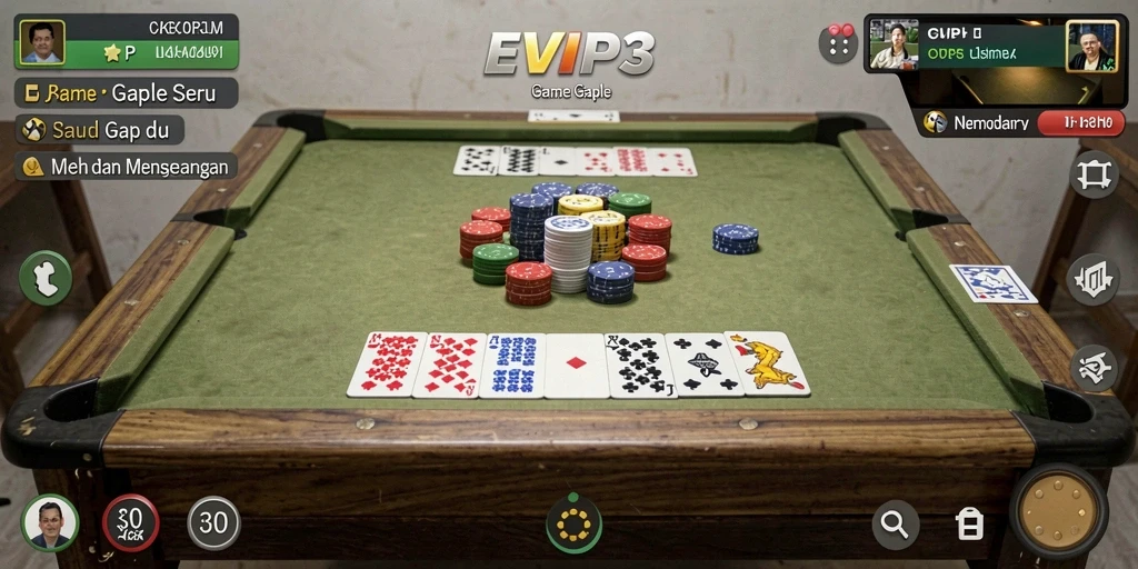 Tampilan gameplay seru EVIP3 dengan aksi Gaple yang menarik.