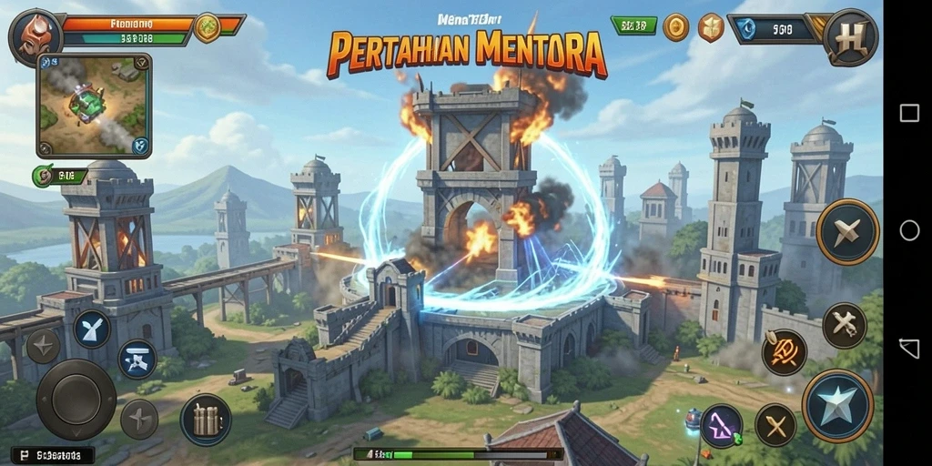 Screenshot gameplay F08 menampilkan strategi menara bertahan.