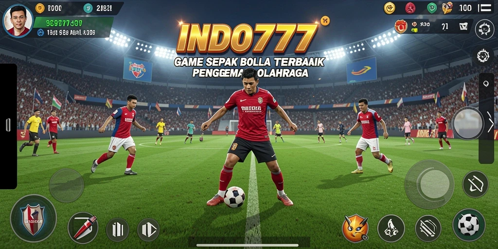 Screenshot utama gameplay INDO777 menampilkan aksi seru di lapangan sepak bola.