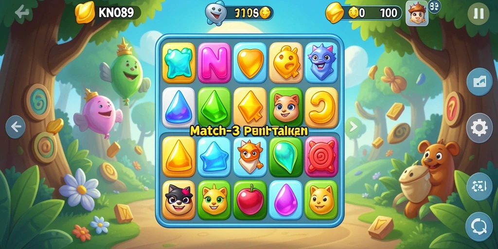 Tangkapan layar KNO89 menampilkan gameplay seru Match-3 dengan grafis berwarna-warni.