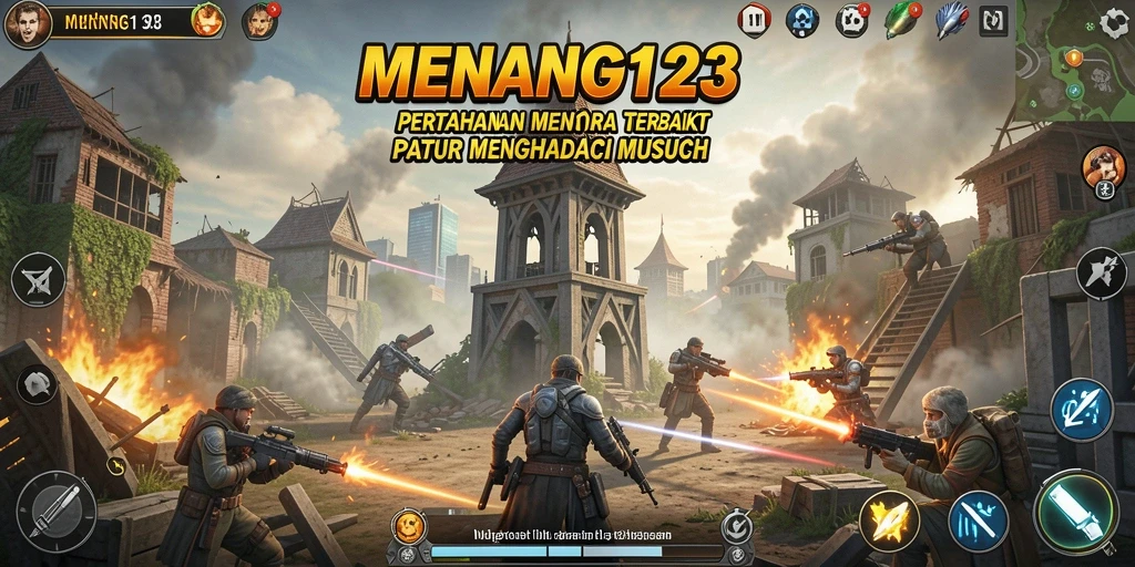 Tangkapan layar dari gameplay <strong>MENANG123</strong> yang menunjukkan serangan menara melawan gelombang musuh.