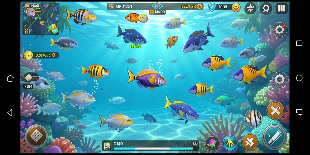 Tampilan gameplay seru dalam MPO1221 saat menembak ikan.