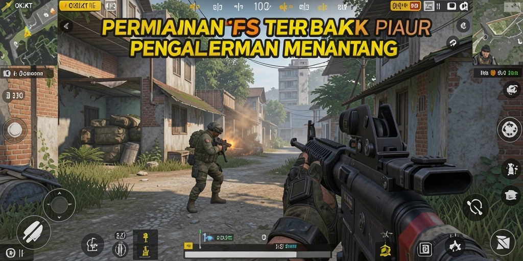 Screenshot utama OKJKT menampilkan aksi permainan FPS yang mendebarkan.