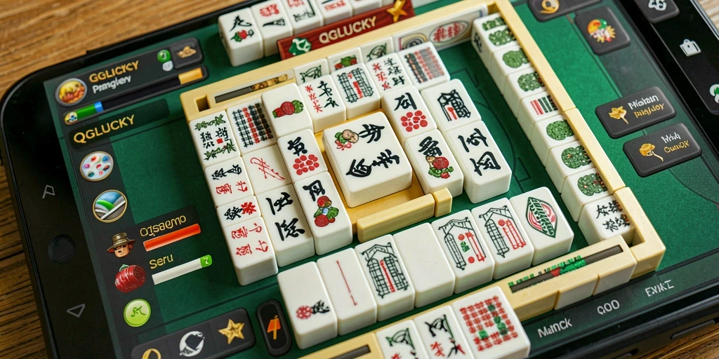 Tampilan gameplay QGLUCKY dengan tiles Mahjong berwarna-warni dan animasi yang dinamis.