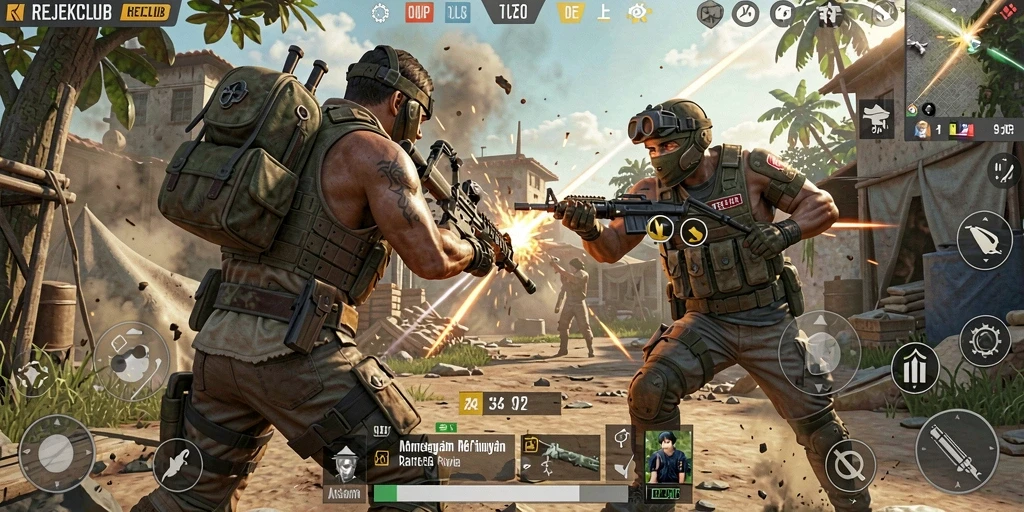 Screenshot gameplay menampilkan aksi seru dalam REJEKICLUB Battle Royale.