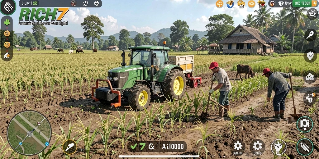 Screenshot gameplay RICH7 menampilkan proses bertani yang seru dan interaktif.