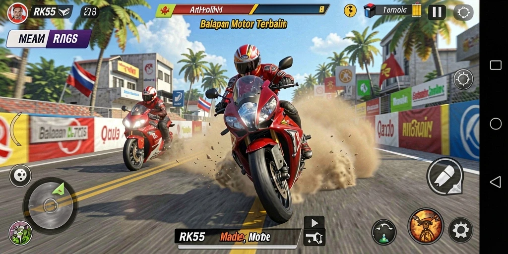 Gambar menampilkan gameplay seru dengan motor balap yang memukau.