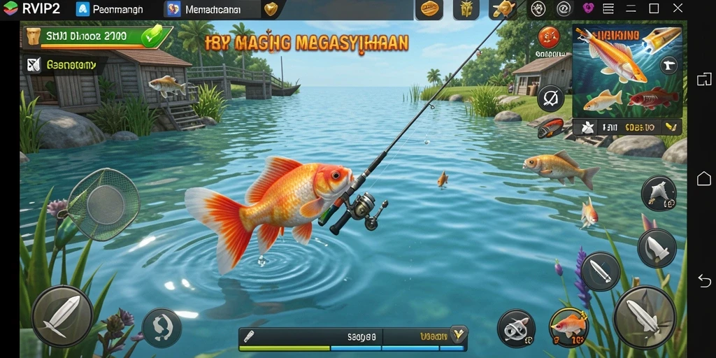 Screenshot gameplay RVIP2 menampilkan aksi seru saat memancing.