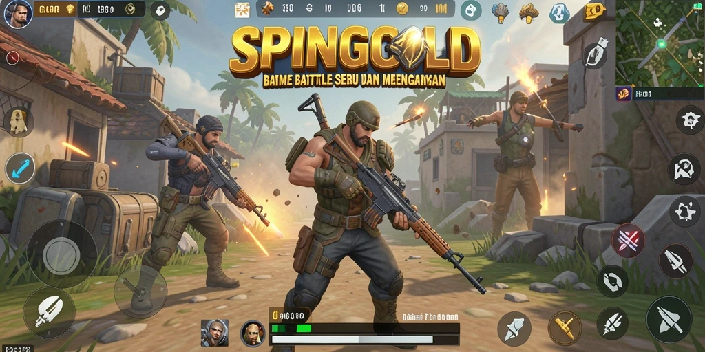 Tangkapan layar gameplay SPINGOLD dengan aksi Battle Royale yang intens.