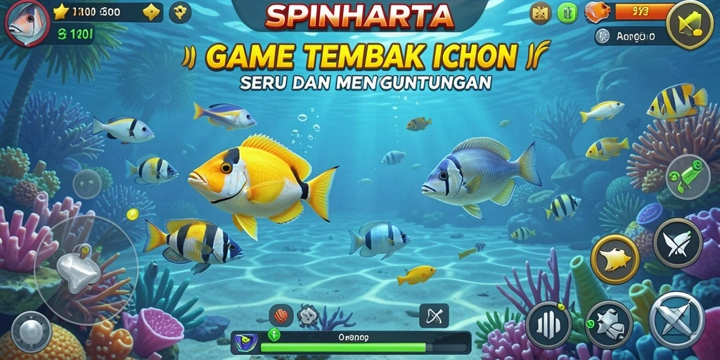 Tampilan gameplay menarik SPINHARTA dengan ikan berwarna-warni.