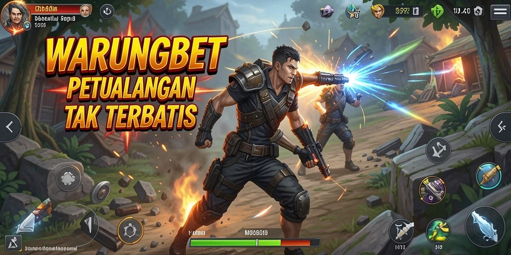 Tampilan aksi seru dalam game WARUNGBET dengan musuh dan latar belakang menarik.