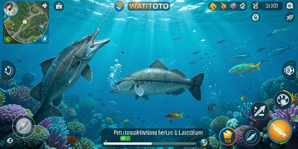 Tampilan gameplay WATITOTO dengan aksi memancing yang mendebarkan.