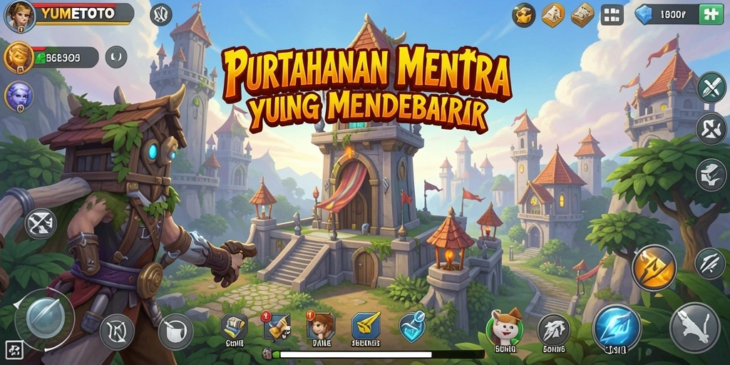 Screenshot YUMETOTO menampilkan aksi seru pertahanan menara melawan gelombang musuh.